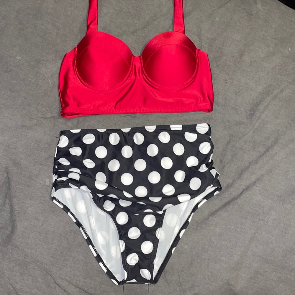Medium swim suit bottom polka dots (white and black) top red